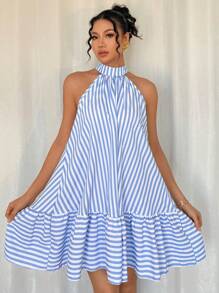 Breezaya Elegante vestido de vacaciones sin mangas con cuello halter y volantes a rayas, primavera/verano - Azul y blanco - Ver 6