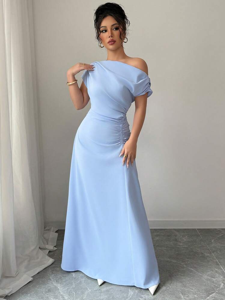 Elenzga Vestido de mujer de unicolor, elegante, con cintura fruncida y cuello asimétrico - Azul - Añade 3