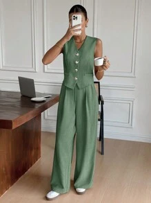Siren Gaze Women's Solid Color Button Front Vest And Pants Suit Set,Business Casual Woman In Fall/Winter Elegant Green - Green - View 3