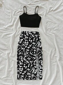 Soleia Women Casual Vacation Camisole Tank Top And Ditsy Floral High Slit Drawstring Tie-Front Skirt 2 Pieces Set, Suitable For Summer,Summer Sets Suitable For Going Out - Multicolor - View 7