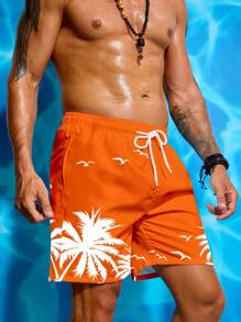 Surfspeed Men's Coconut Tree Print Drawstring Waist Beach Shorts, Casual,Hawaiian - Orange - View 3