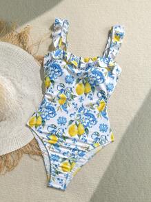 Soleia 女士热带花卉水果印花甜心领荷叶边镂空连体泳衣，甜美假日沙滩装