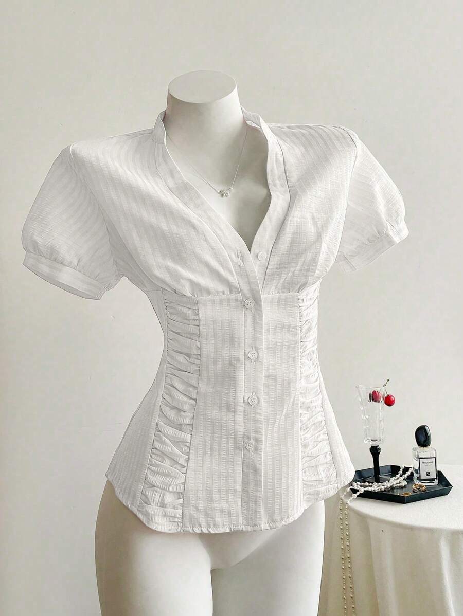 Elamini 美式时尚百搭简约腰部收腰条纹女衬衫