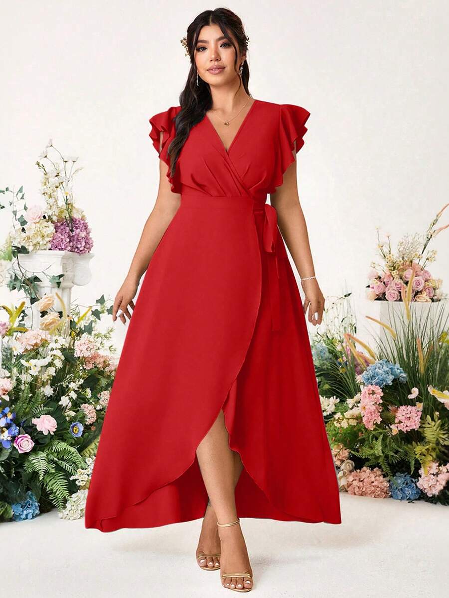 Cravure Plus Size Elegant Romantic Wedding Solid Color Cross V-Neck Side Tie Sleeve Ruffle Dress - Red - View 1