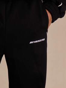 Men Drawstring Waist Contrast Piping "Musero" Slogan Graphic Print Straight Leg Joggers - Black - View 5