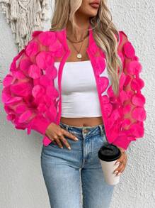 SHEIN LUNE Áo khoác tay dài lưới trong suốt màu trơn - Màu Hồng Tươi - Xem 5