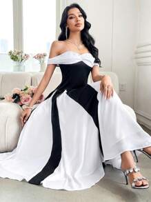 Modelyn Women's Color Block Off Shoulder Ruched Dress, Elegant Luxury Evening Dresses For Weddings  Summer Outfits For Women   Wedding Guest Dress Women   Airport Outfit For Women  Off The Shoulder - Black and White - View 3