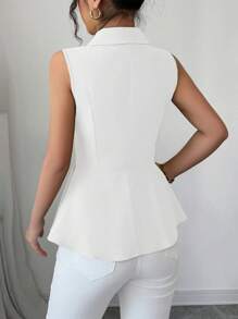 Elenzga Women's Elegant Sleeveless Shirt With Collar, Large Buttons, Waist Cutout Splice, Asymmetric Hem, Green Woven Fabric, Suitable For Vacation, Spring/Summer - White - View 2