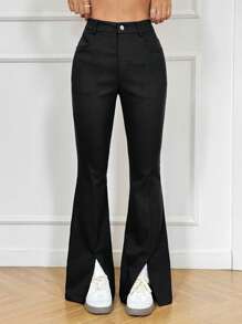 SHEIN EZwear 女式休闲百搭口袋喇叭下摆及踝长裤 - 黑色 - 查看 6