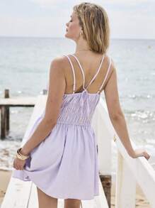 Aralina Summer Smocked Textured Double Strap Flowy Beach Sundress - Purple - View 2