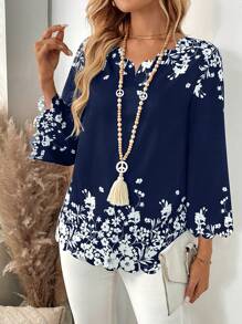 EMERY ROSE Plus Size Women's Floral Print Black Blouse, Early Spring