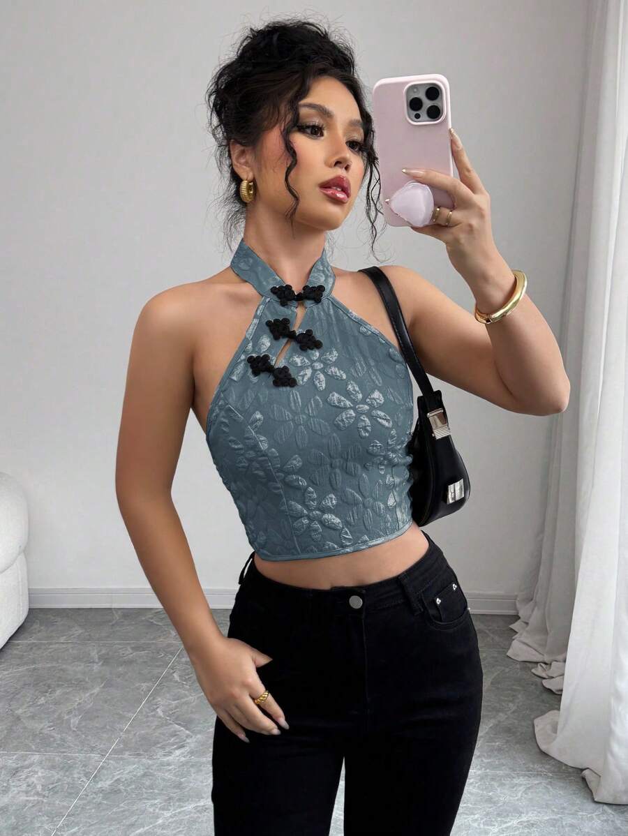 Elenzga Women's Floral Jacquard Button Front Halter Camisole - Blue - View 1