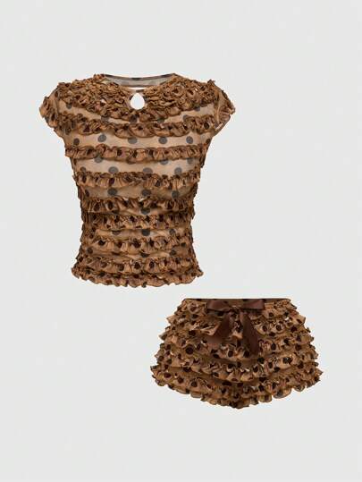 Kawaii 2 Stücke/Set Y2K Vintage Stil Polka Punkt Muster Top und Shorts Co-Ord