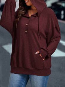 SHEIN LUNE Plus Size Women Solid Color Long Sleeve Pocket Casual Sweatshirt Graduation, Back To School Outfits, Graduation, Teacher Outfits For Women, Back To School - Burgundy - View 5