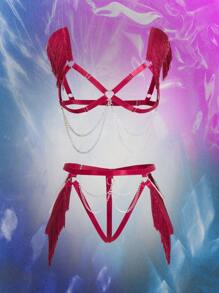 AltCore Hollow Out Tassels Metal Chain Music Festival Bra + Panty 2 Pieces Set, Open Crotch Panty With Metal Ring, Women Sexy Lingerie Set