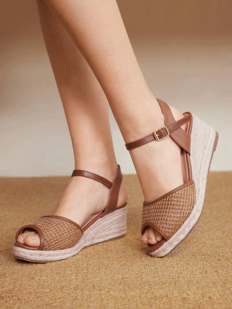 Styleloop Women's Woven Rope Platform Wedge Sandals, Boho Style, Retro American Western Music Festival Party Outfit Holiday Travel Essential Boho Cowgirl Outfit - Camel - View 1