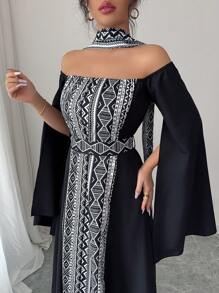 Chiquease 女士灵感图案撞色印花束腰长裙 - 黑色 - 查看 4