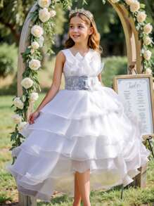 Children's Trailing Party Dress Puffy Cake Dress, Flower Girl Birthday Party Princess Dress - White - View 1