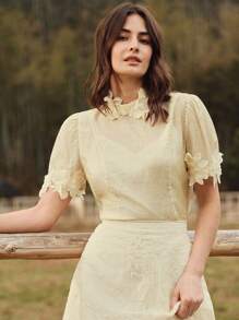 Anewsta Women's Elegant Romantic Sheer Handmade Embroidered Floral Blouse, Spring, Summer - Apricot - View 4
