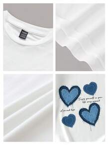 SHEIN EZwear 95% Cotton Casual Heart Denim Effect Tight Crop Round Neck T-Shirt, Minimalist Design - White - View 4