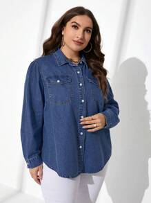 EMERY ROSE Plus Size Casual Washed Long Sleeve Denim Shirt - Dark Wash - View 3