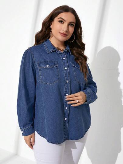 EMERY ROSE Plus Size Casual Washed Long Sleeve Denim Shirt