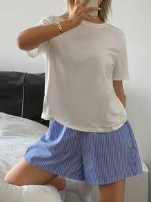 Livesso 极简主义 T 恤上衣和条纹短裤睡衣套装、家居服 - 白色 - 查看 7