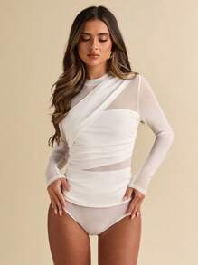 SHEIN BAE Black Asymmetric Lace-Up Long Sleeve Sheer Bodysuit, Suitable For Cocktail Party, Romantic Date, Autumn/Winter Base Layer, Party - White - View 6