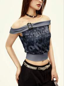 Rina Fox توب كروب ضيق تزيينه إبزيم معدني أمريكي كلاسيكي كتف مكشوف للنساء - رمادي - مشاهدة 1