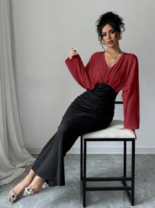 Firerie Women Elegant Color Block Batwing Sleeve Dress Red - Burgundy - View 3