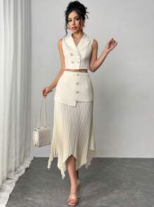 Firerie 女士优雅西装外套领子聚拢腰线纽扣褶皱不对称两件套双排扣腰部收腰上衣和不对称褶裙，教师装，适合派对、母亲节、时尚、音乐节、约会之夜、办公室着装、返校、舞会、婚礼、约会、音乐会、通勤、狂欢节、情人节、优雅、夏季/春季、音乐会 - 杏色 - 查看 6