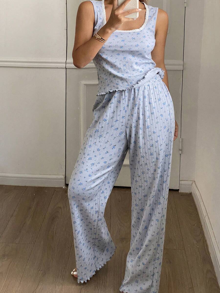 Livesso 2 件女士碎花睡衣套装 - 藍色 - 查看 1