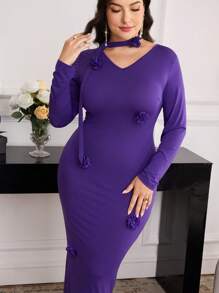 Modelyn Plus Size Elegant Solid Color 3D Floral Decor Slim Fit Dress - Purple - View 4