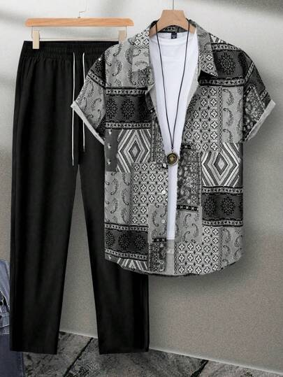Manfinity Homme Plus Size Men's Patchwork Print Shirt & Pants 2 Pieces Set, Black And White Outfits Men Vacation