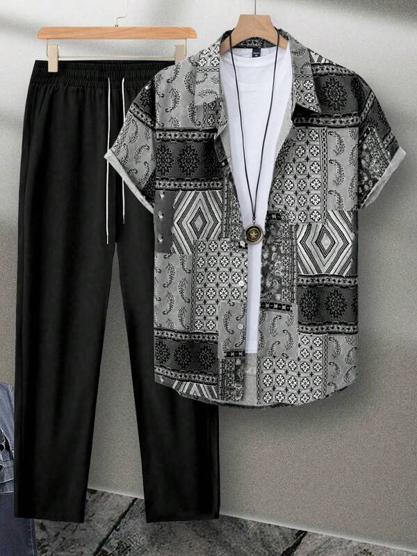 Manfinity Homme Große Größen Herren Patchwork Muster Hemd & Hose 2 Stücke Set