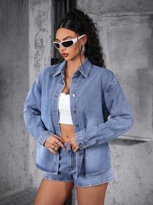 SHEIN EZwear Women's Casual Light Wash Denim Jacket With Round Neck And Wrist-Length Sleeves - Light Wash - View 5