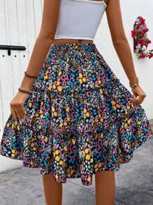 SHEIN Tall 1pc Women's Ditsy Floral Ruffled Hem Skirt (Random Print) - Black - View 2