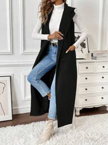 Chiquease Sleeveless Lapel Collar Double-Breasted Single-Breast Pocket Maxi Overcoat For Women - Black - View 3