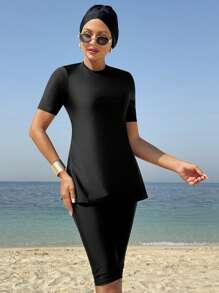 Swim Mulvari Women's Solid Color Burkini Set, Suitable For Beach Vacation For Summer - Black and White - View 5