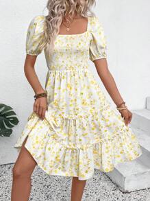 Breezaya Abito da donna a collo quadrato semplice e alla moda con maniche corte, adatto per l'estate, abito giallo da donna
