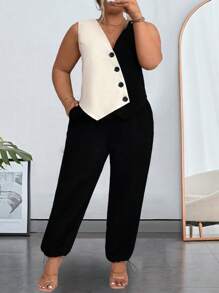 SHEIN CURVE+ Bộ 2 món áo vest chắp vá thường ngày cỡ lớn cho nữ - Nhiều màu - Xem 5