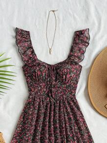 Soleia Women's Vacation Style V-Neck Shirred Waist A-Line Midi Dress, Chiffon Ruffles Cap Sleeve A-Line Dress, Summer Dress, Romantic Wedding Season Wear, Suitable For Lunch