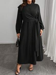 EMERY ROSE 大码女式立领系腰装饰长袖衬衫裙，春秋季休闲办公装，圣诞节勃艮第长款女装 - 黑色 - 查看 3