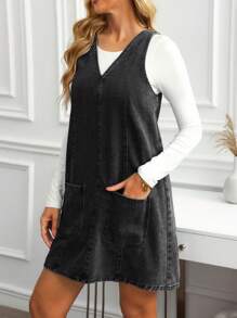 EMERY ROSE 女式休闲水洗牛仔 V 领牛仔连衣裙，带双口袋