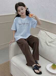Dazy Kids Tween 女童蝴蝶结图案印花圆领短袖上衣和裤子家居服套装