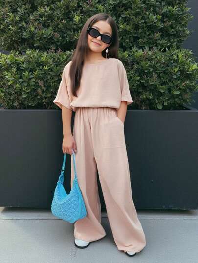 SHEIN Nova Glow Tween Girl Vacation Casual Solid Color Round Neck Short Sleeve 2Pcs Set