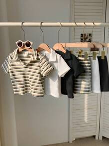 SHEIN 6 Stücke/Set Baby Jungen Sommer Lässig gestreiftes Poloshirt & Shorts Set, geeignet für Geburtstagsfeste, Abendveranstaltungen, Aufführungen, Hochzeit, Taufe und 1. Geburtstagsfeier, Babyparty