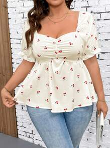 SHEIN LUNE Elegante Bluse mit Kirschprint in Große Größen für Frauen mit kurzen Ärmeln