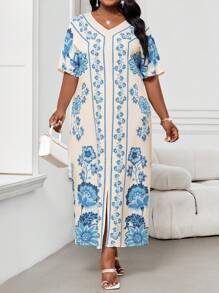 SHEIN Lady CURVE 大码优雅印花蝙蝠袖连衣裙，复活节连衣裙，女士沙滩装，复活节商务休闲度假波西米亚风连衣裙 - 彩色 - 查看 3