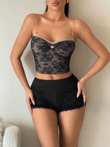 SHEIN ICON Y2K sexy taillenkurze Shorts mit tiefer Taille, Raffungen, Rüschen und Spitzeneinsätzen, schwarz